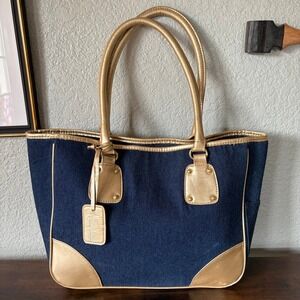 Neiman Marcus Denim & Metallic Gold Faux Leather Tote Bag Large Y2K Shoulder Bag